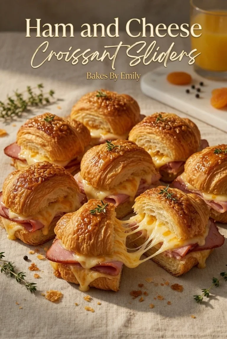Cheesy ham croissant sliders drizzled with honey mustard butter on a plate