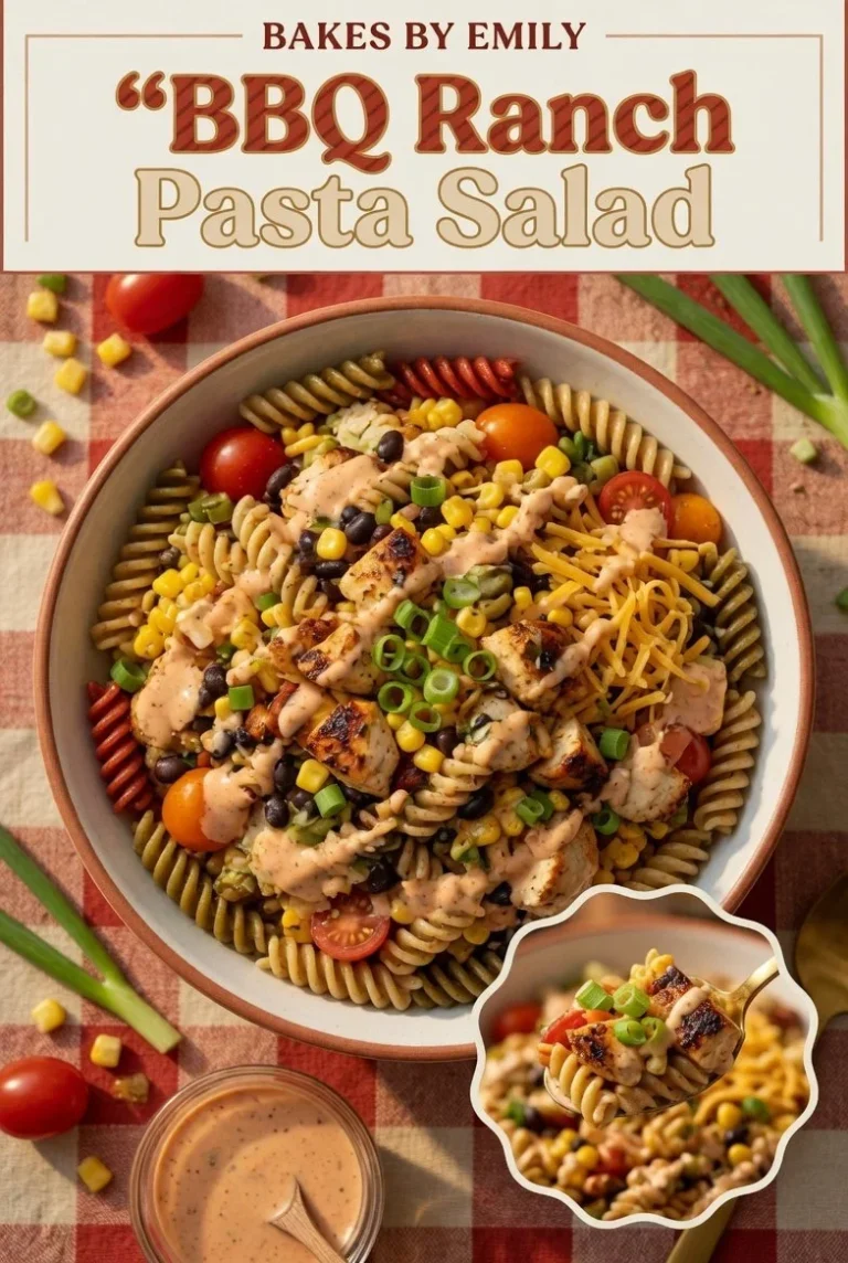 Creamy barbecue ranch pasta salad in a bowl, garnished with herbs.