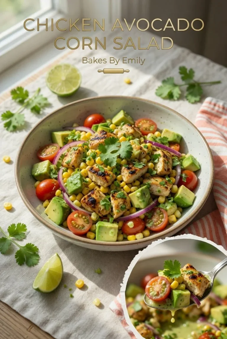 Creamy lime chicken salad with avocado and corn served in a bowl