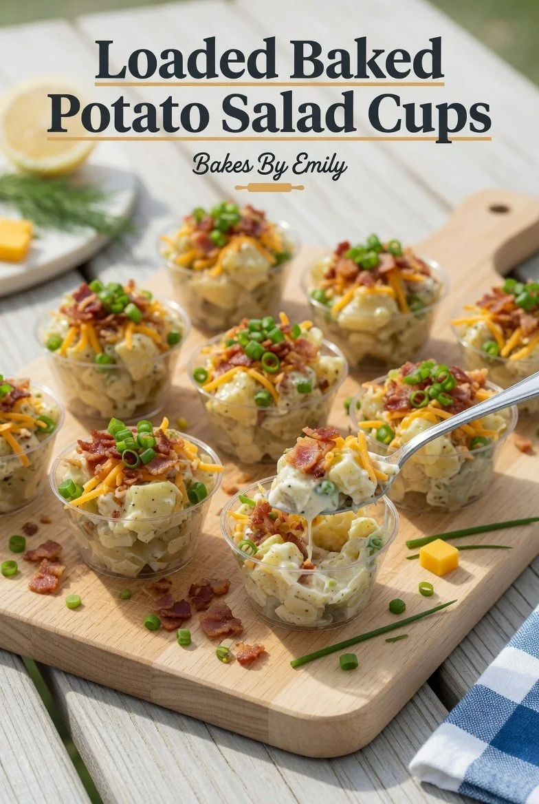 Creamy loaded baked potato salad served in individual cups