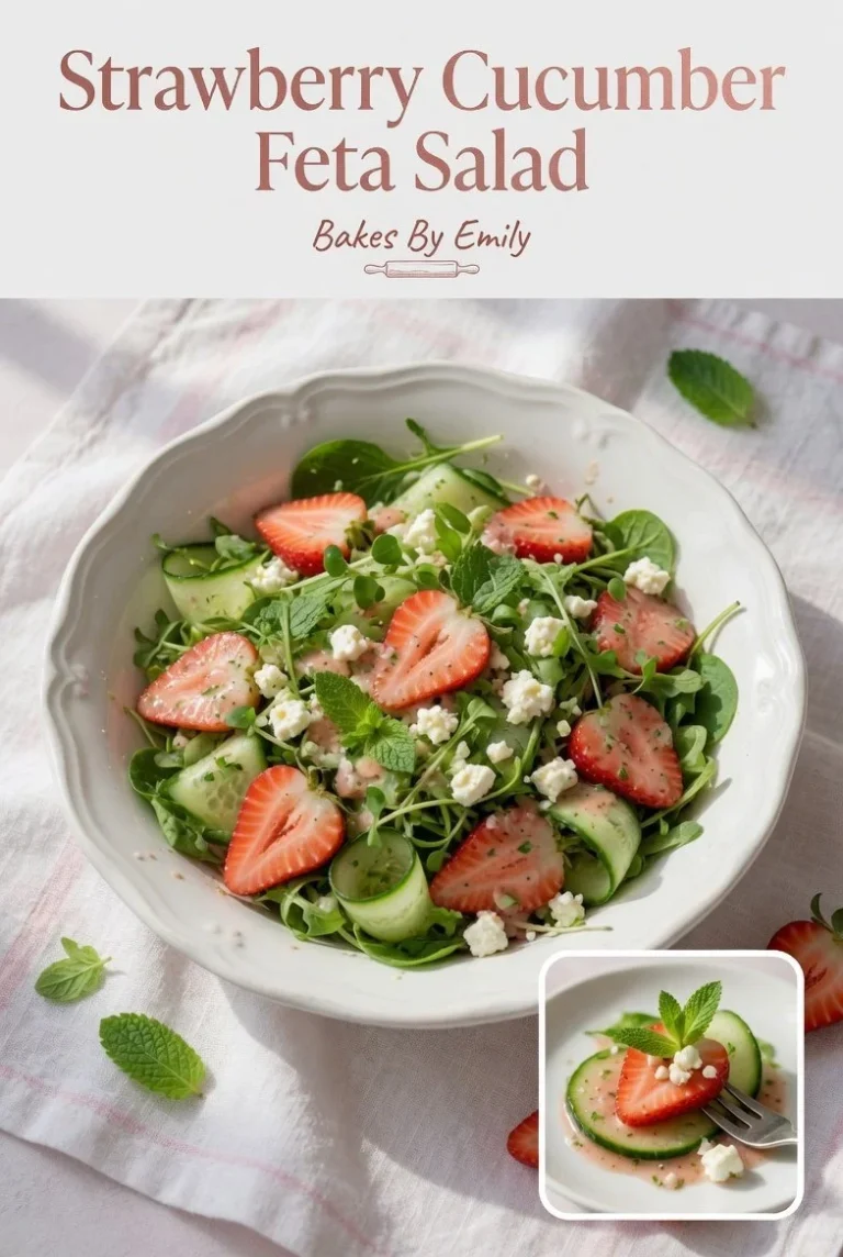 Crisp Strawberry Cucumber Feta Salad with Honey Lemon Dressing served in a bowl