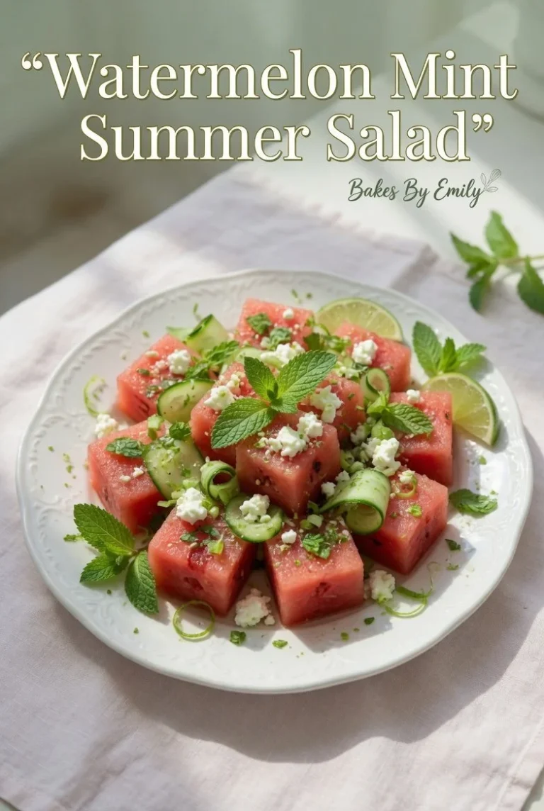 Crisp watermelon mint salad with lime dressing and feta cheese.