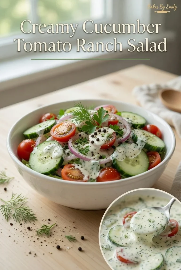 Creamy cucumber tomato salad with ranch dressing in a bowl