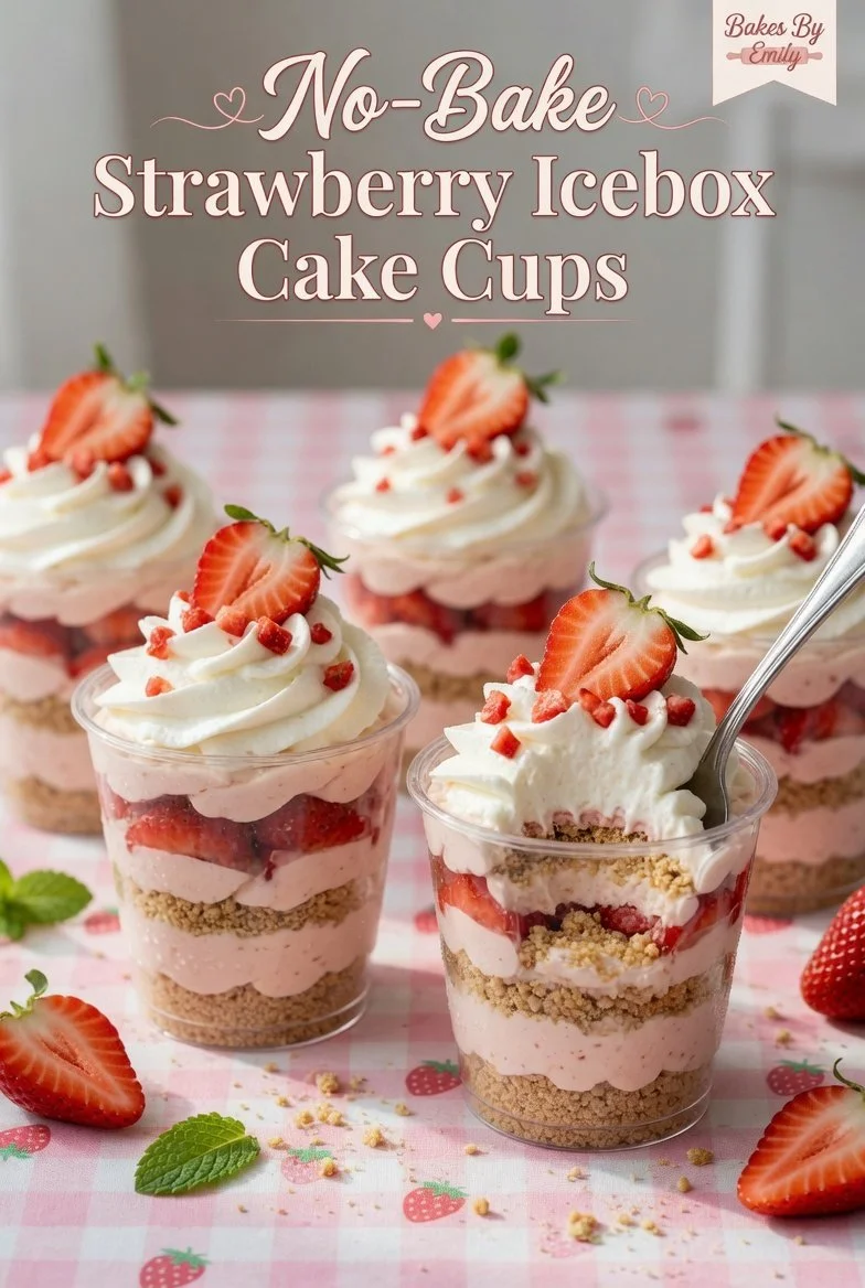 Easy no-bake strawberry icebox cup treats topped with fresh strawberries.