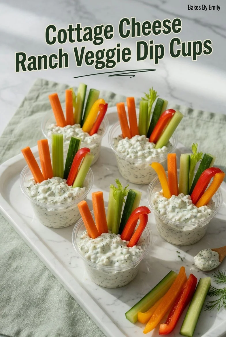 Fresh Cottage Cheese Ranch Veggie Dip Cups served with colorful veggies.