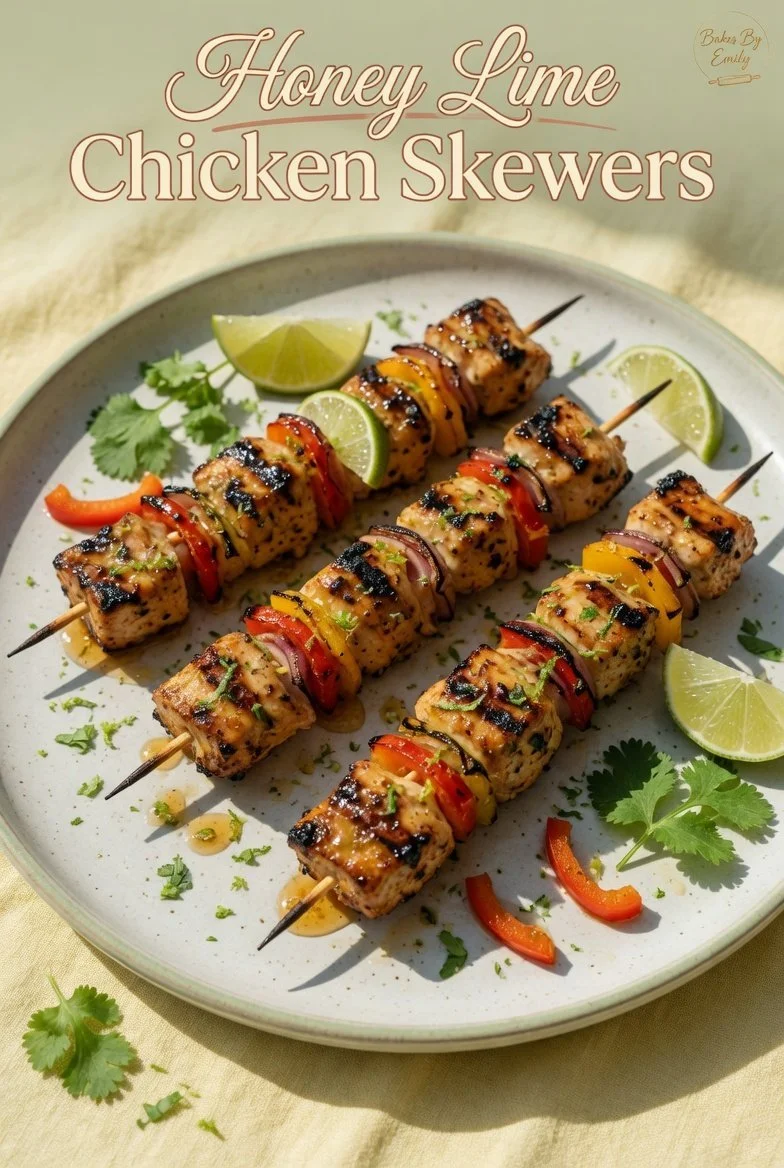 Grilled Honey-Lime Chicken Skewers glazed with a sweet citrus marinade.
