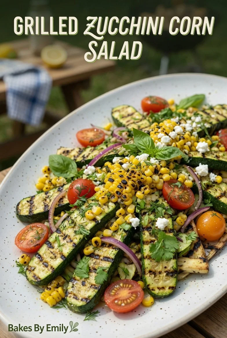 Grilled zucchini corn salad with feta cheese and lime dressing served in a bowl.