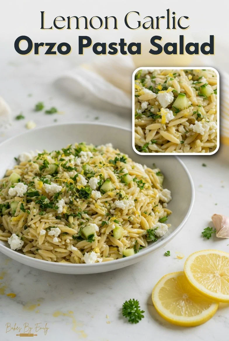 Herb-forward lemon garlic orzo pasta salad in a bowl with fresh herbs