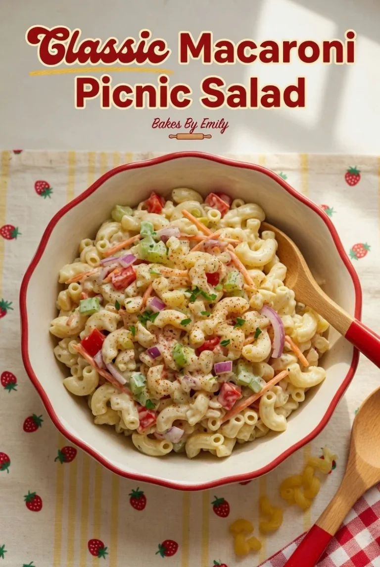 A bowl of creamy macaroni salad with vegetables and dressing