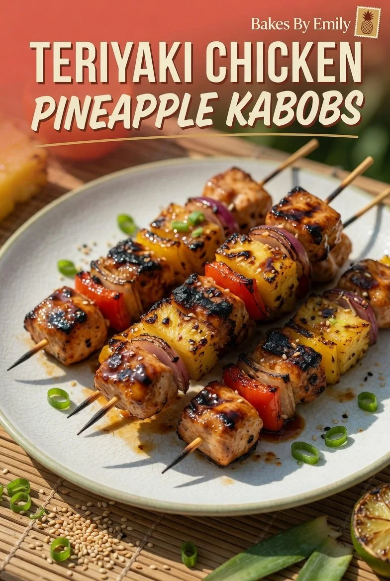 Juicy teriyaki chicken pineapple kabobs ready for grilling on a barbecue