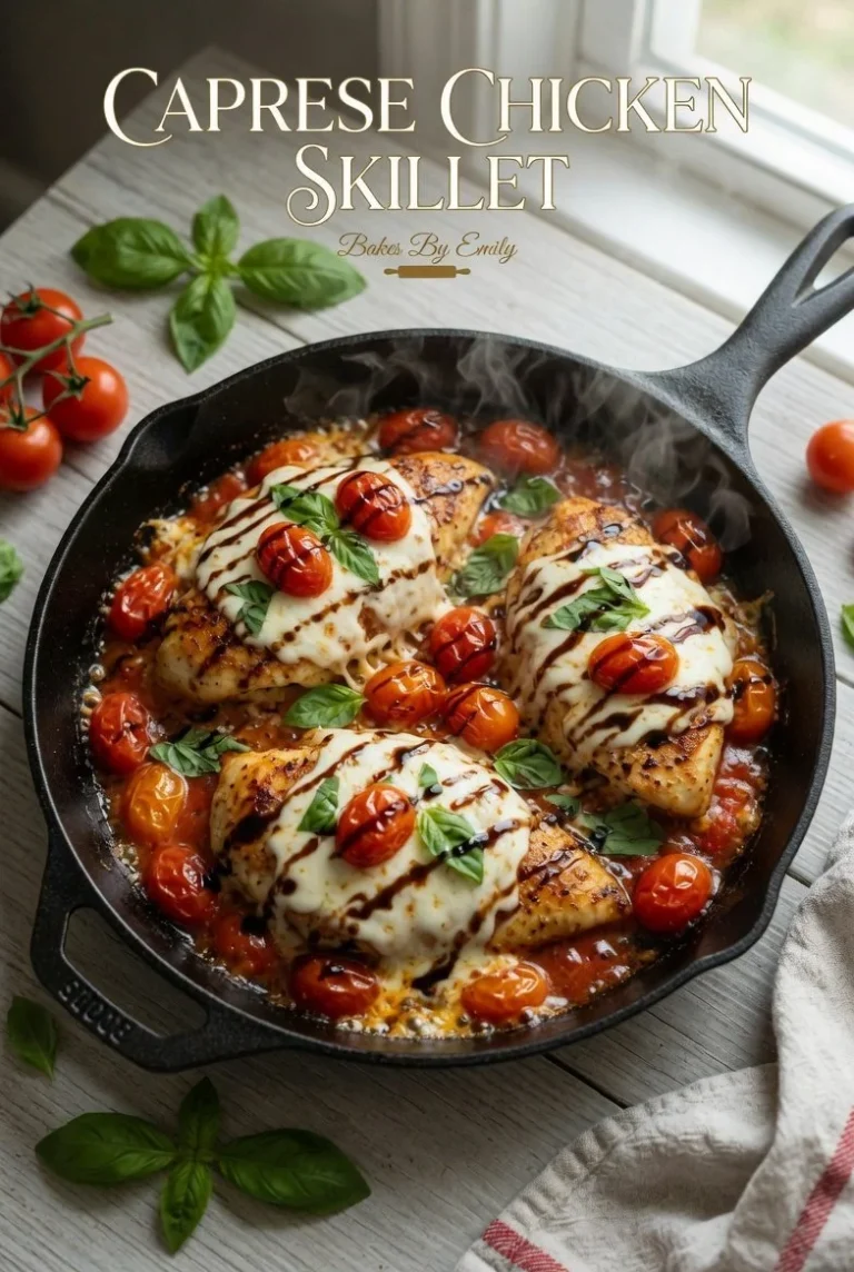 One-Pan Caprese Chicken Skillet Dinner with tomatoes and mozzarella