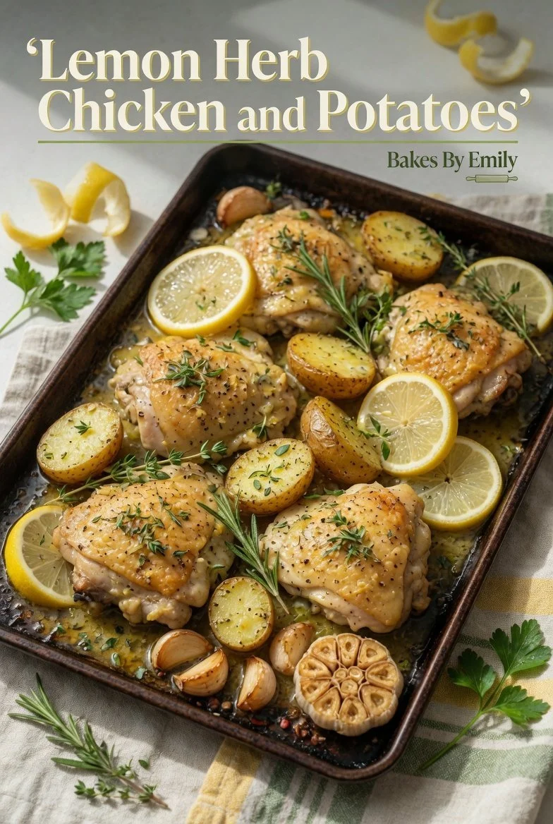 One-Pan Citrus Herb Chicken and Potatoes dish, garnished with fresh herbs and citrus fruits