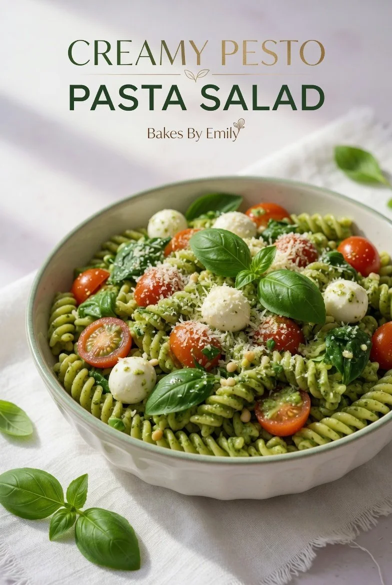 Silky pesto pasta salad with mozzarella and fresh tomatoes in a bowl.
