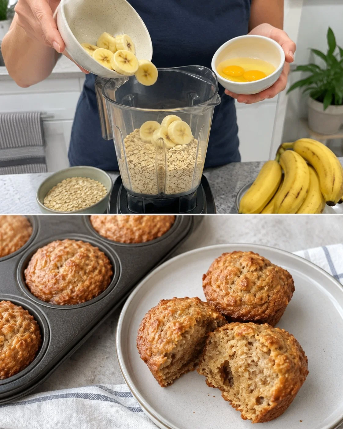 Delicious 3-Ingredient Banana Oat Muffins baked in a muffin tin