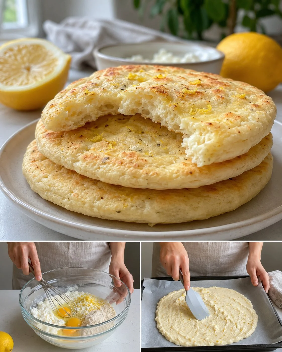 Delicious lemon ricotta flatbread topped with fresh herbs and lemon zest.