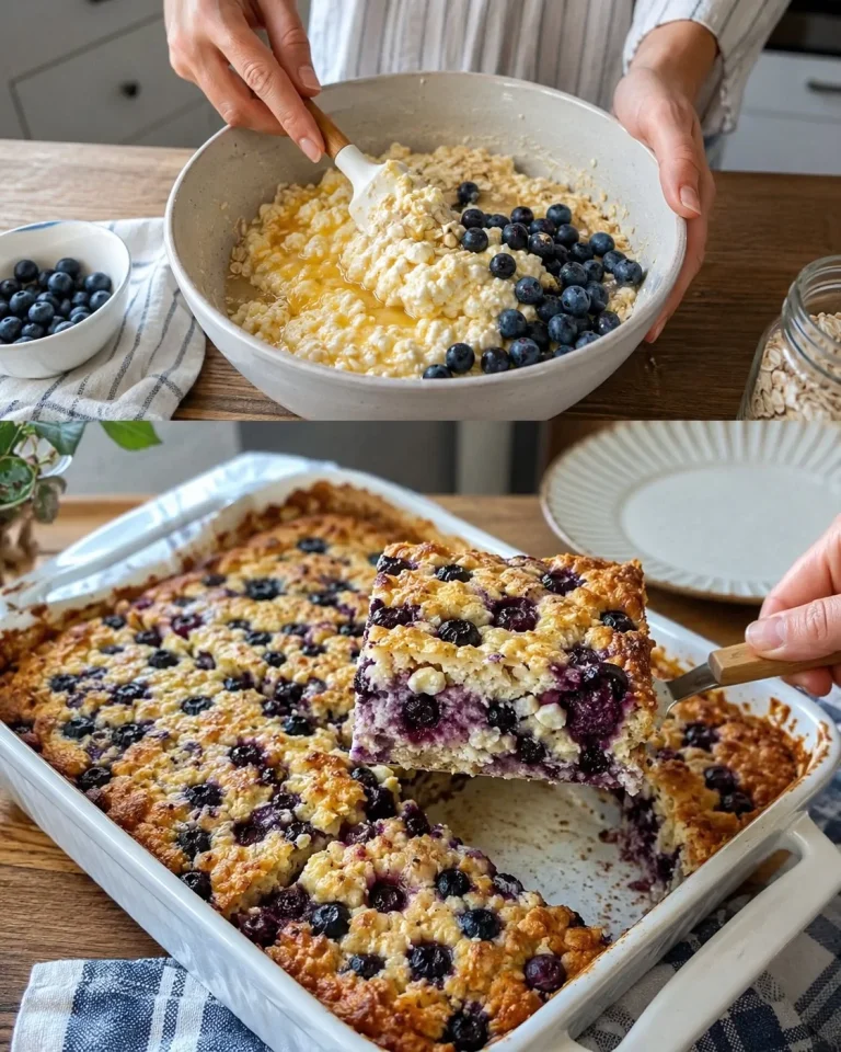Delicious blueberry breakfast bake made with cottage cheese and five simple ingredients