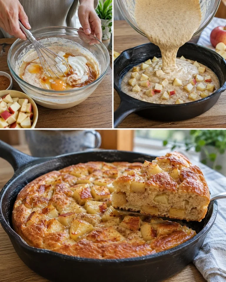 Delicious apple cinnamon yogurt cake in a skillet topped with fresh apples and cinnamon