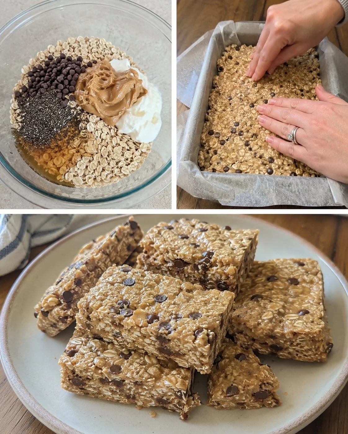 6-ingredient peanut butter oat protein bars on a wooden table