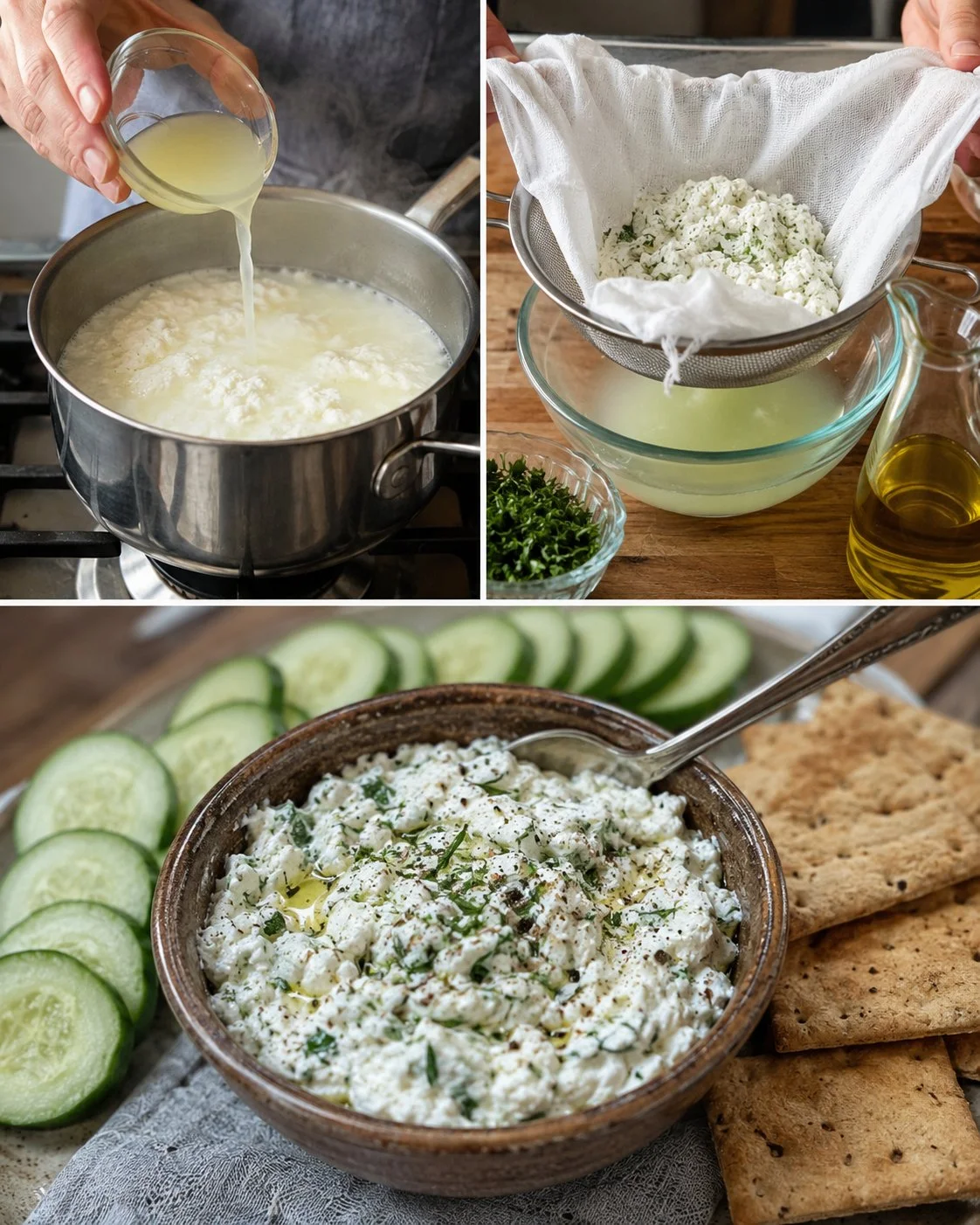 Homemade milk and herb cheese spread served on a rustic wooden board.