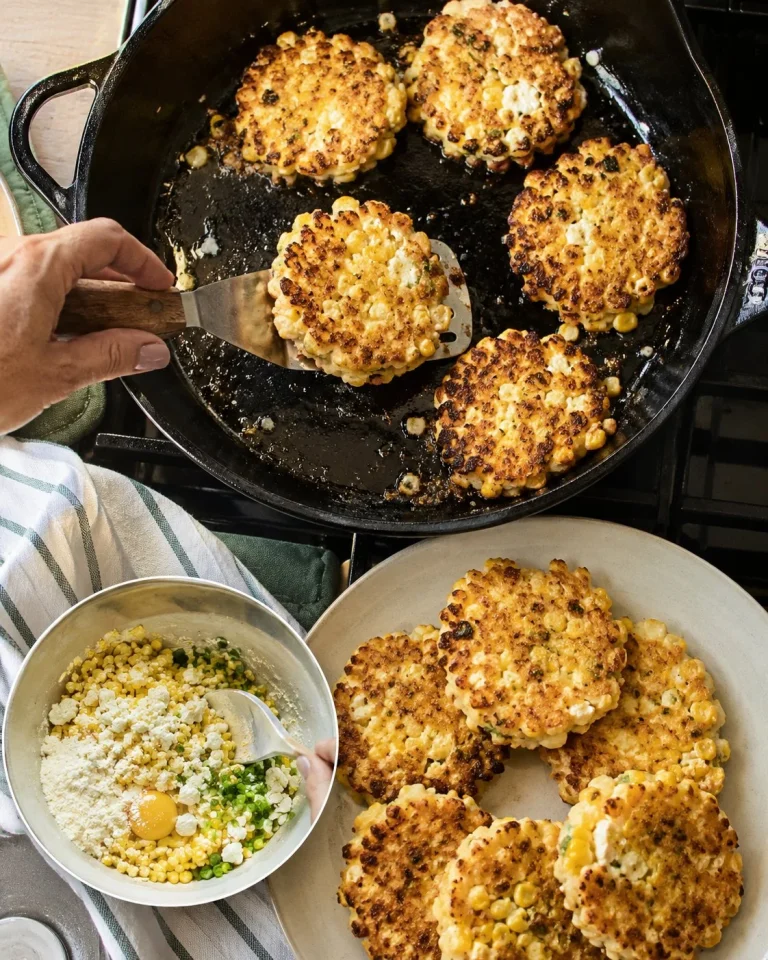 Five ingredient corn feta skillet patties beautifully arranged on a plate