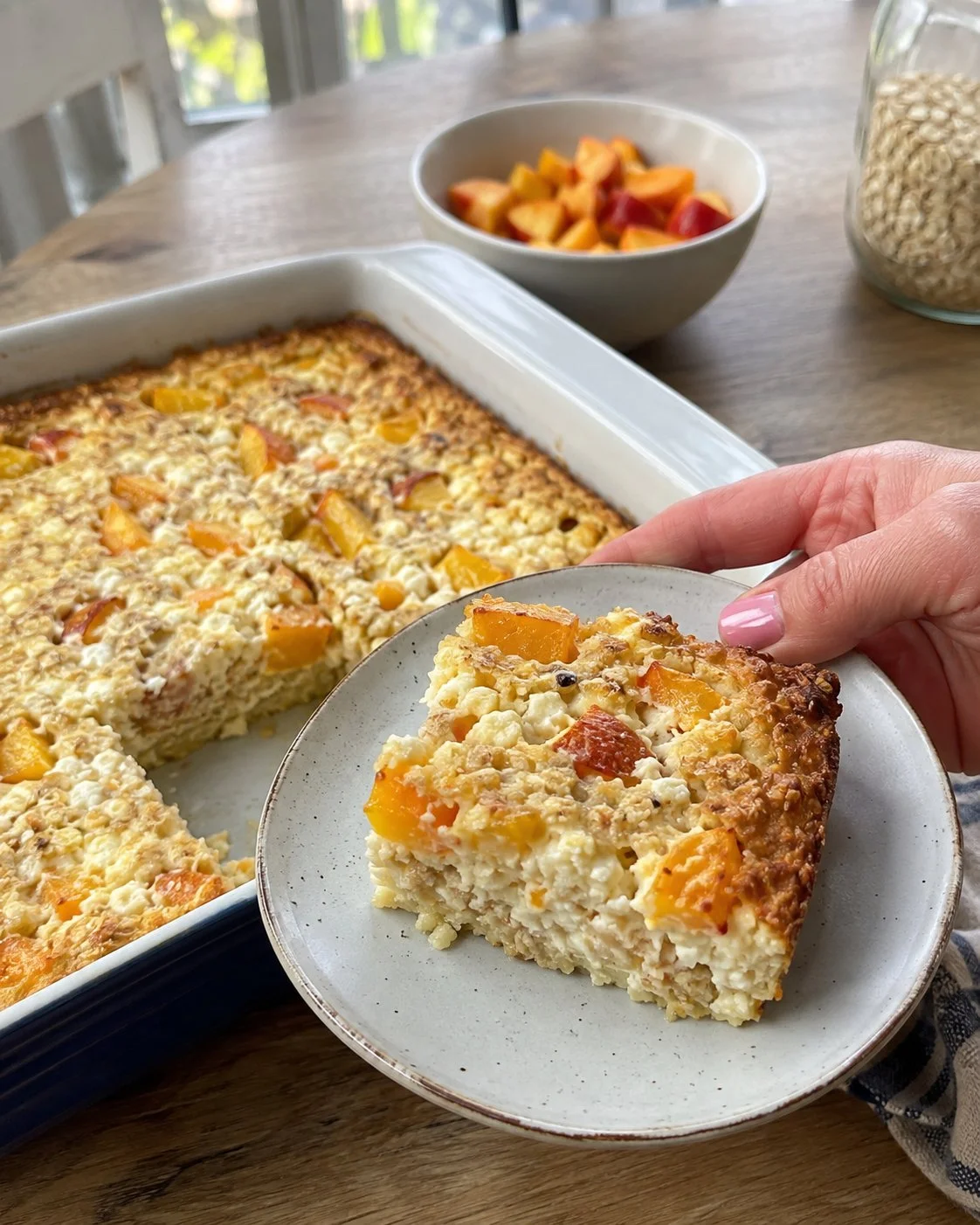 5-Ingredient Peach Cottage Cheese Breakfast Bake in a baking dish