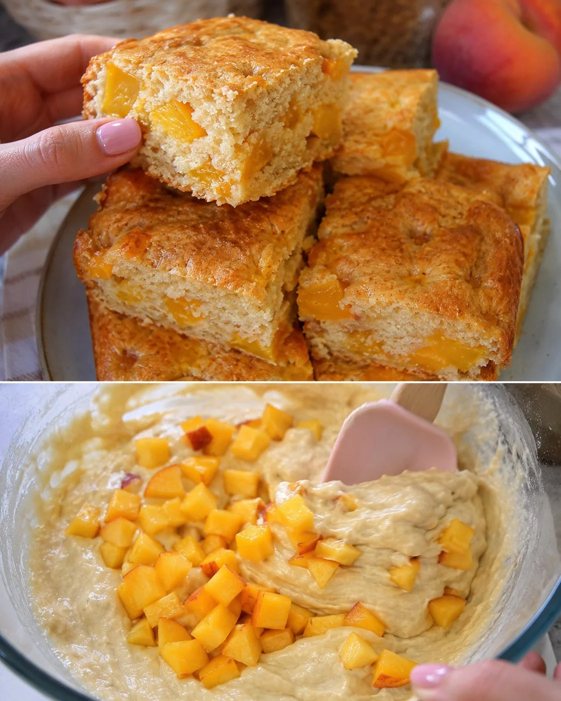 Delicious Peach Oat Yogurt Snack Cake with fresh peaches and oats