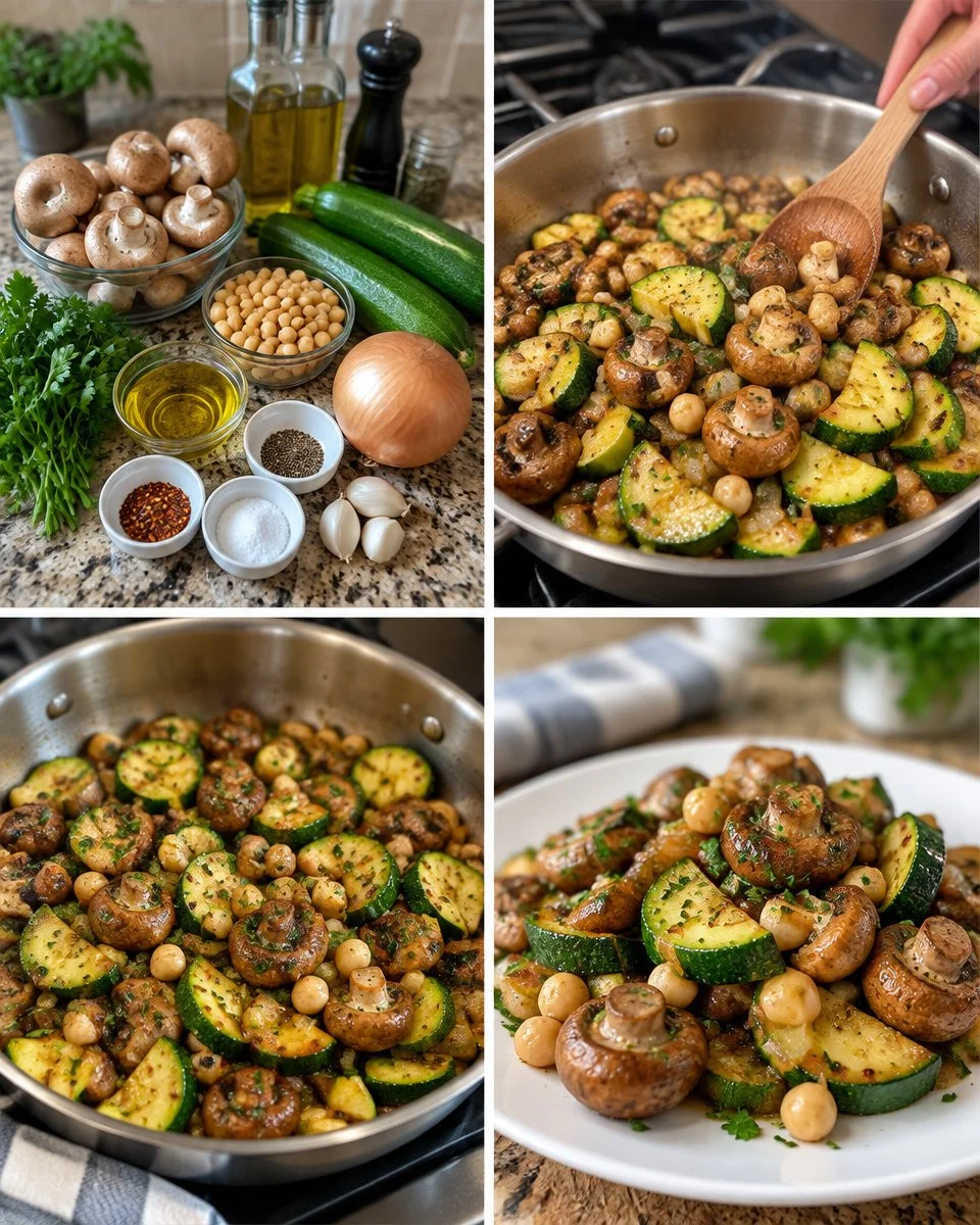 Chickpeas, mushrooms, and zucchini dish served in a pan