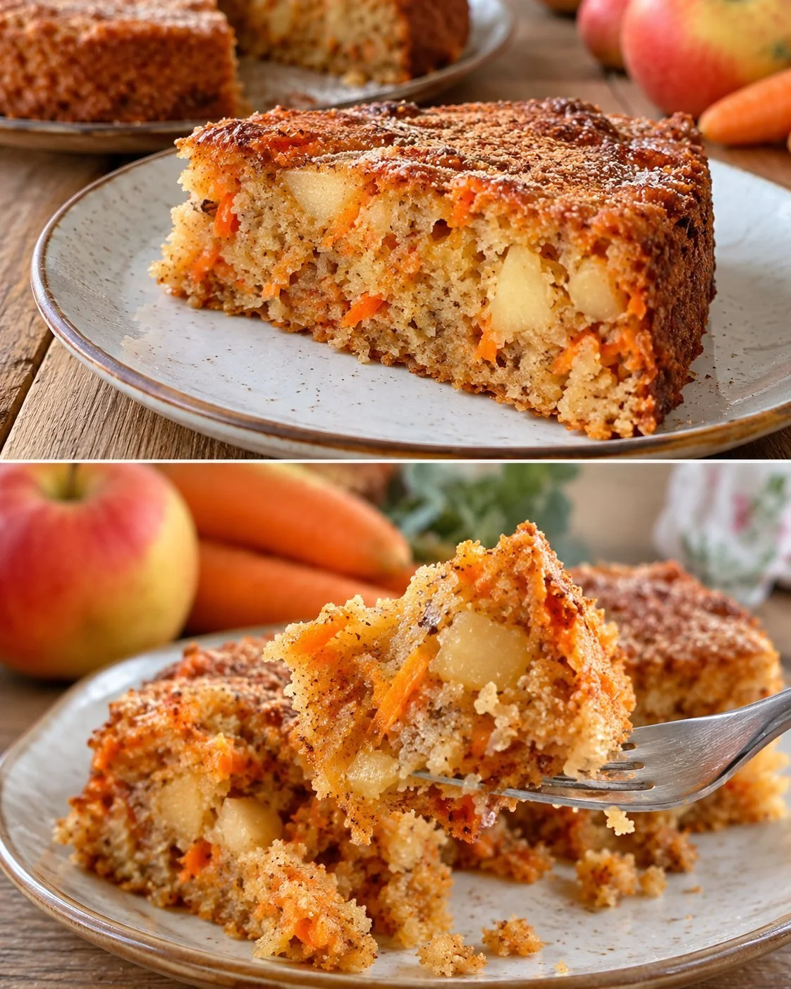 Delicious Apple-Carrot Cake without sugar on a wooden table