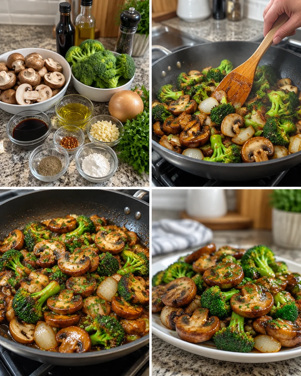 Pan-fried broccoli with mushrooms, a delicious and healthy dish.