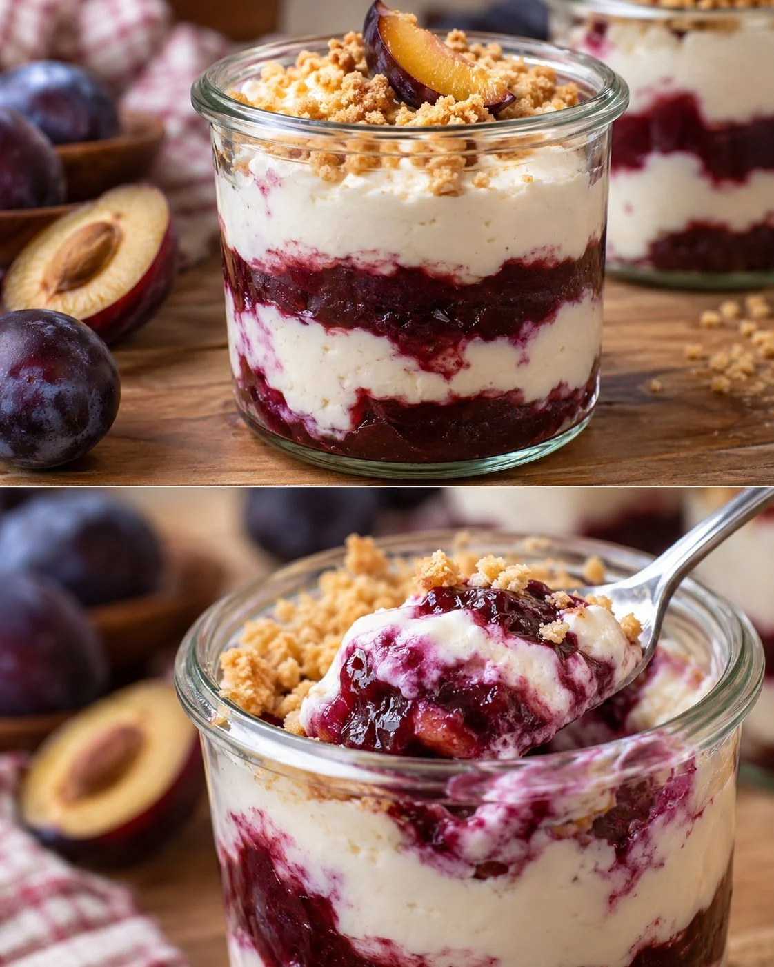 Cottage Cheese Cream topped with plum puree in a glass