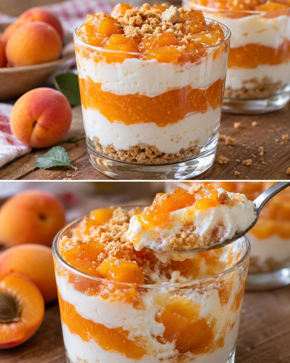 No-bake apricot-curd cream dessert served in a glass with fresh apricots