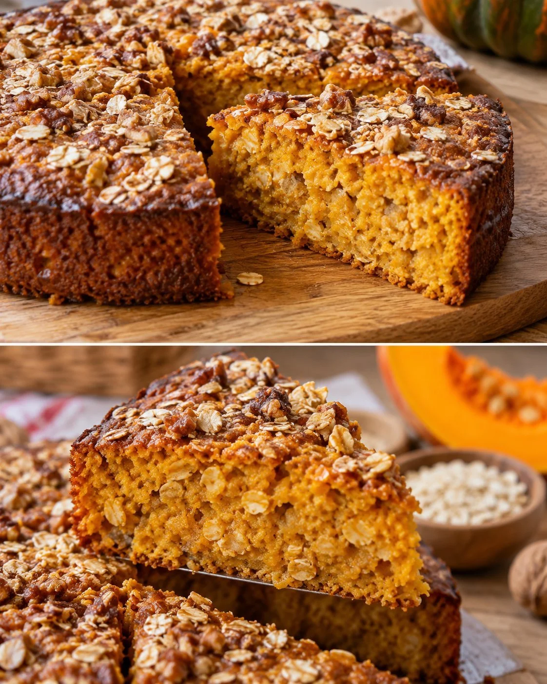 Delicious easy pumpkin oat cake without flour, showcasing its moist texture and vibrant color.