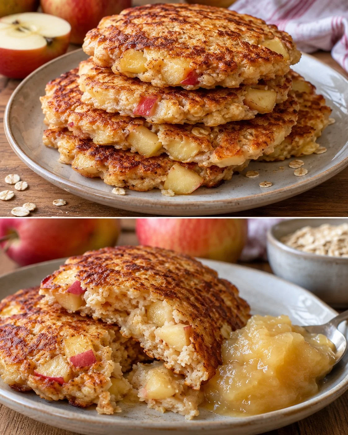 Flourless apple-oat pancakes served with fresh apples and syrup