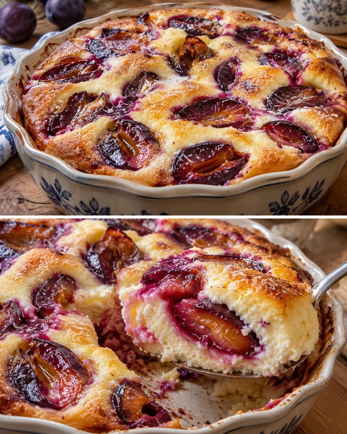 Delicious Flourless Plum Quark Casserole served in a classic dish