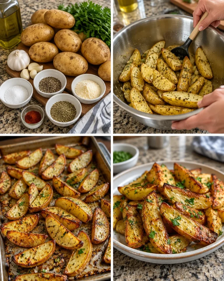Crispy garlic butter roasted potatoes served on a plate