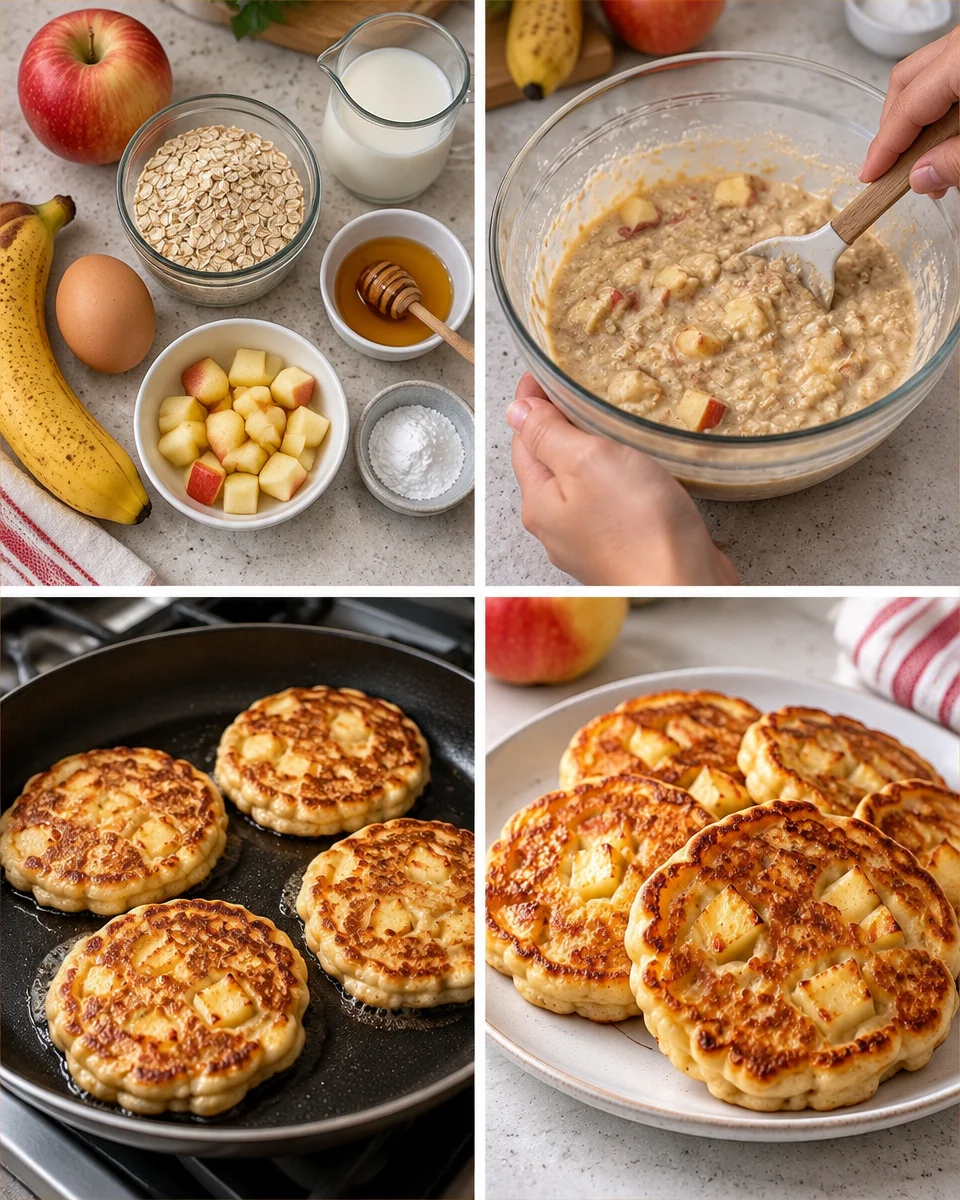 Delicious oatmeal pancakes topped with fresh apple slices, healthy breakfast option.