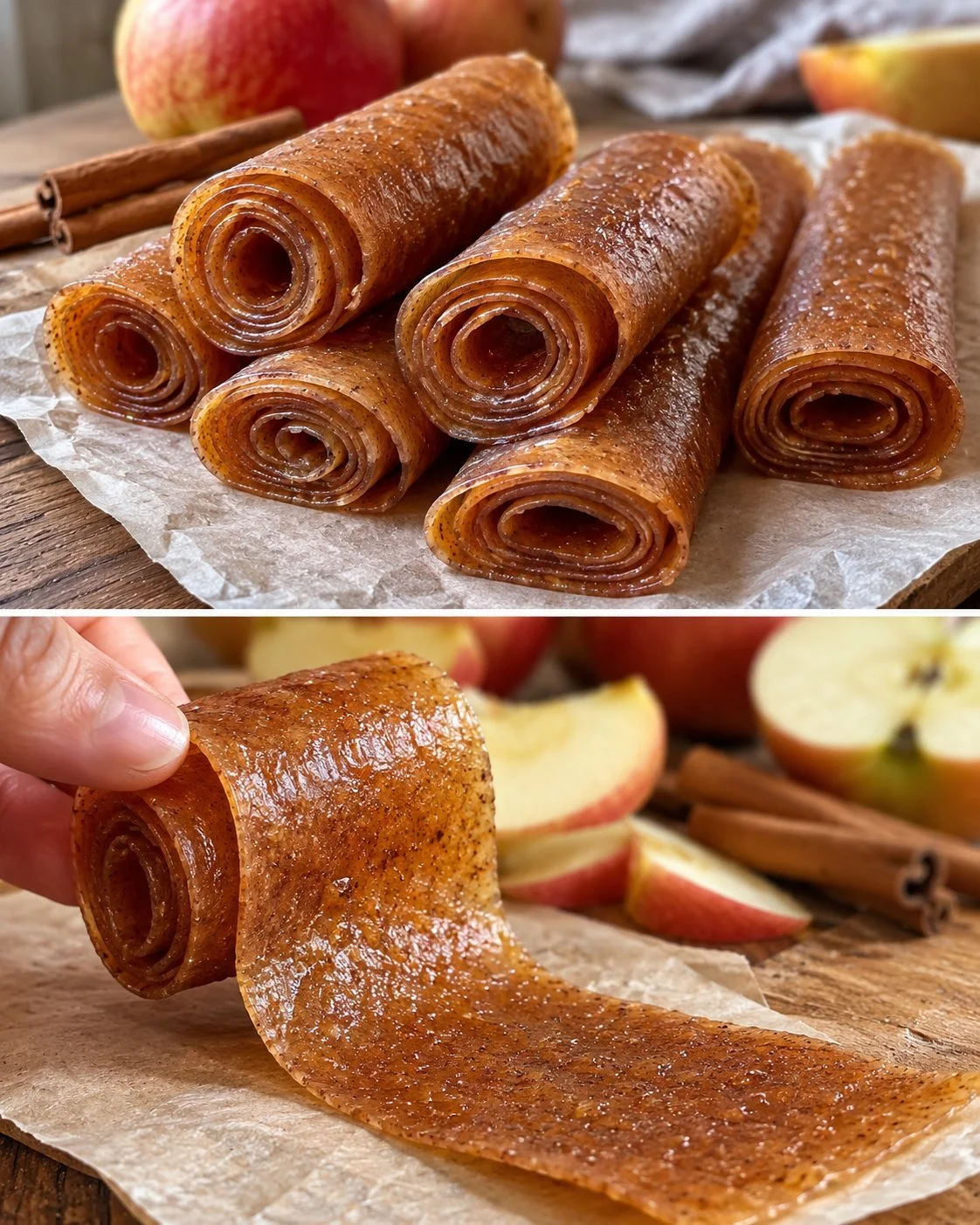 Delicious homemade oven-baked apple cinnamon fruit leather slices on a plate