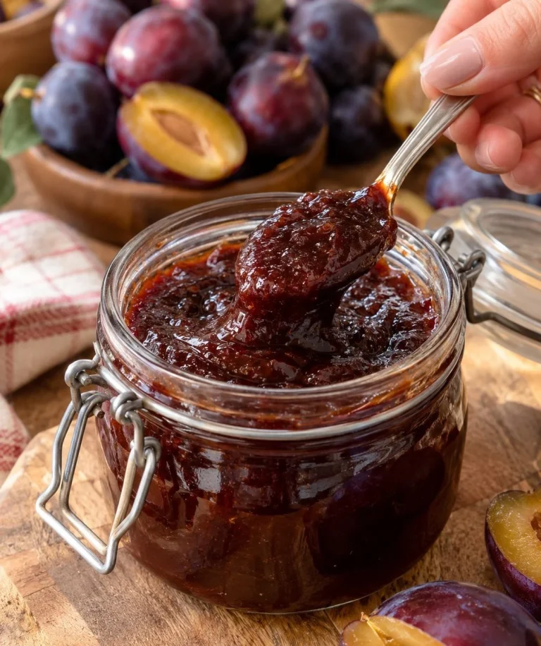 Homemade oven-baked plum puree without gelling sugar in a glass jar
