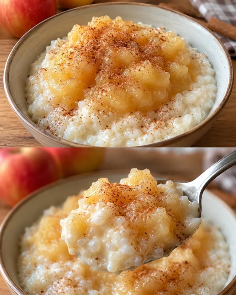 Bowl of sugar-free rice pudding topped with fresh apple sauce