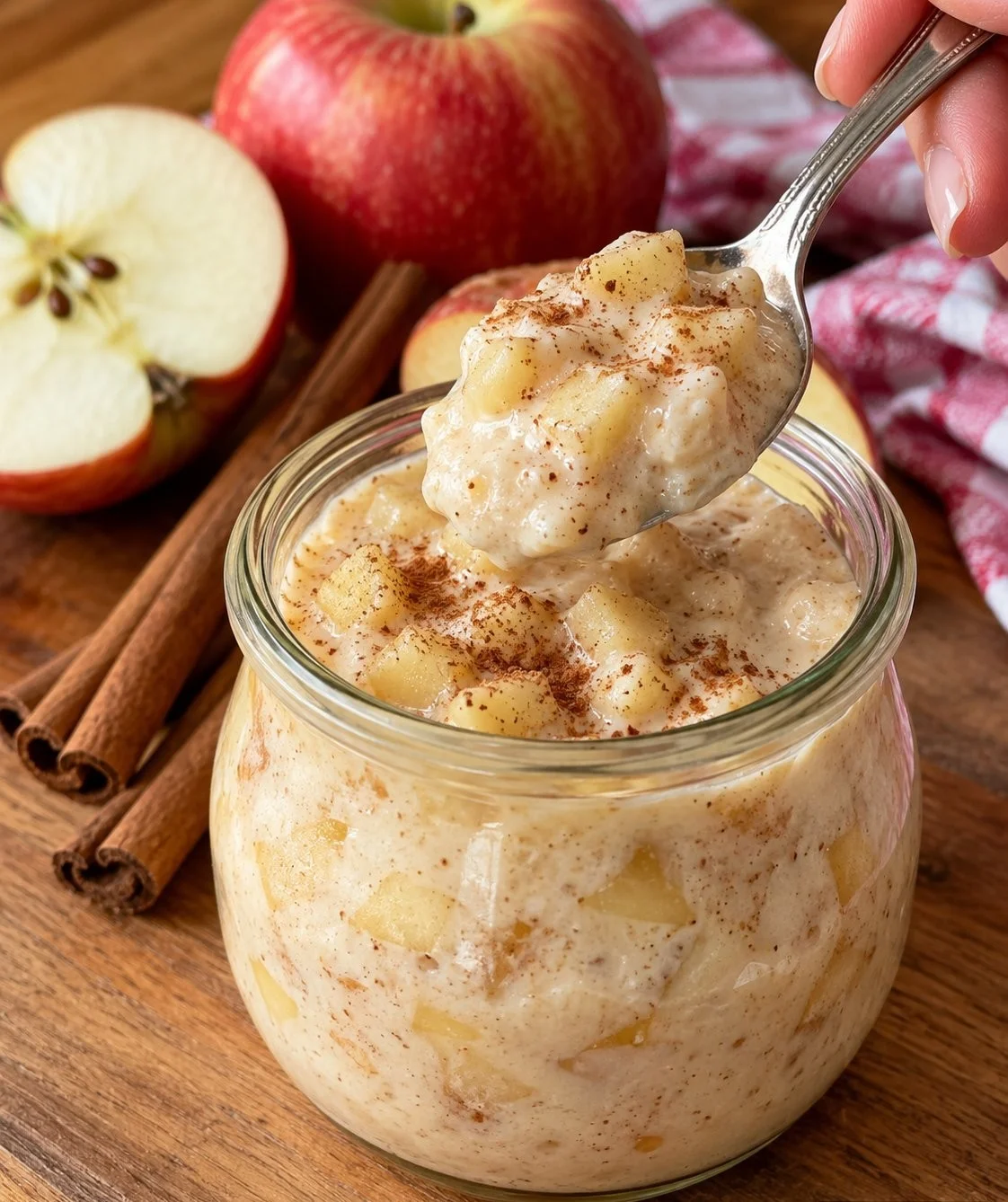 Jar of sugar-free apple cinnamon cream with fresh apples and cinnamon sticks