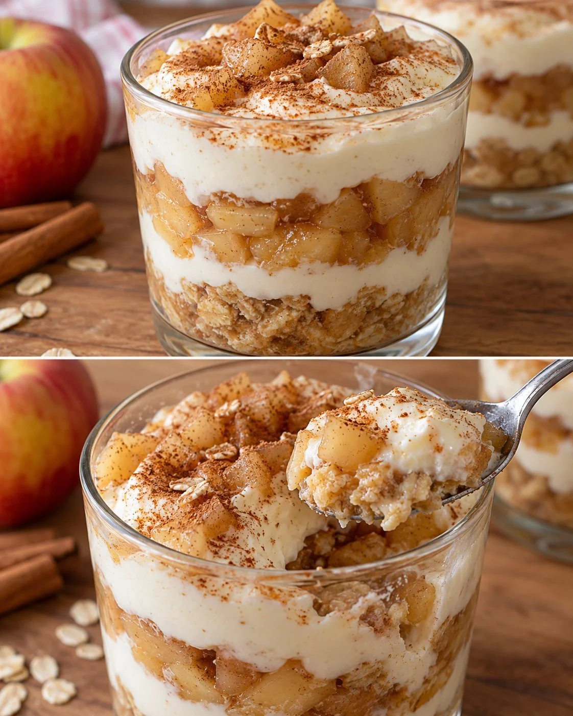 Sugar-free apple tiramisu served in a glass, showcasing layers of apples and mascarpone.