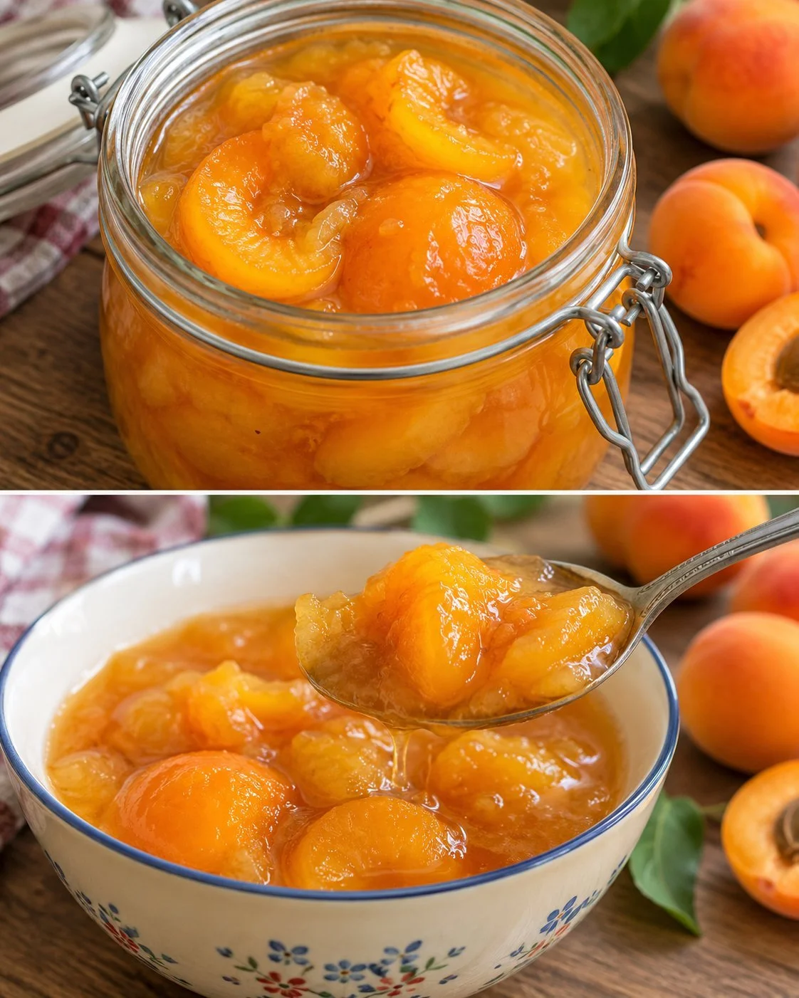Homemade sugar-free apricot compote in a glass jar with fresh fruit