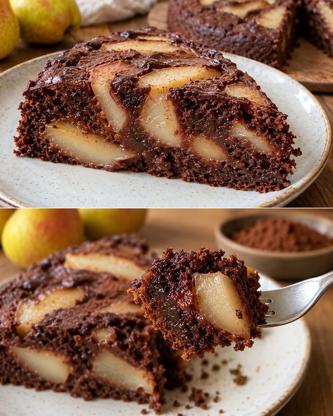 Slice of sugar-free pear chocolate cake topped with chocolate frosting.