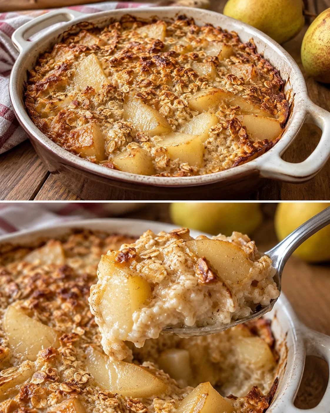 Sugar-free pear oatmeal casserole baked dish with oats and pears