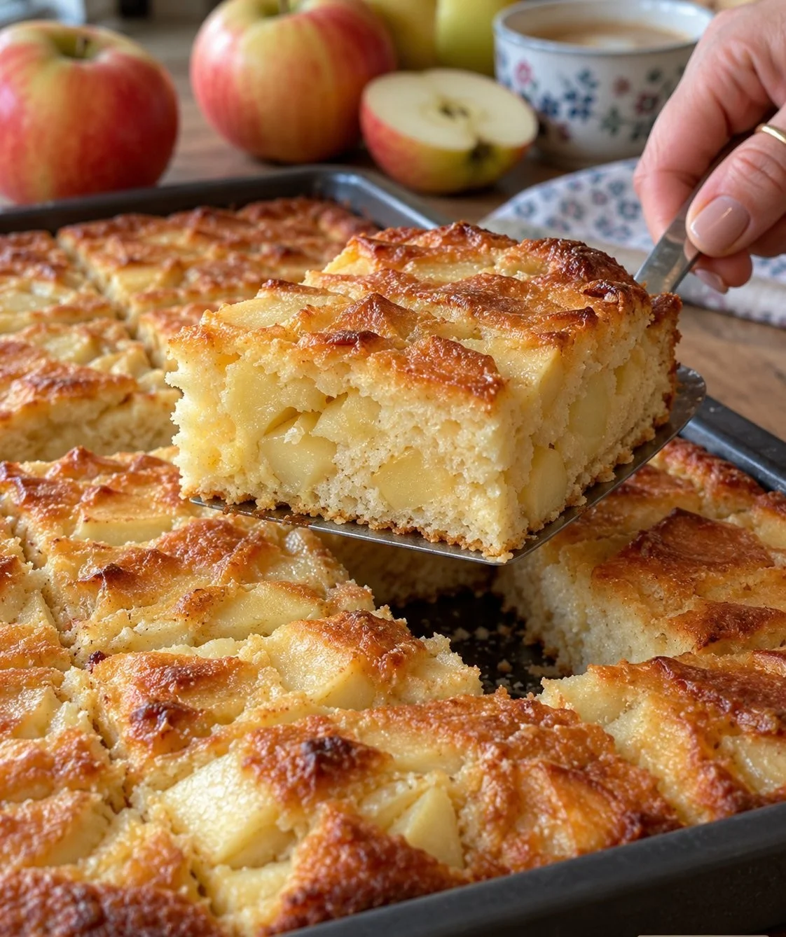 Delicious Yogurt Apple Cake without oil, topped with fresh apple slices and yogurt.
